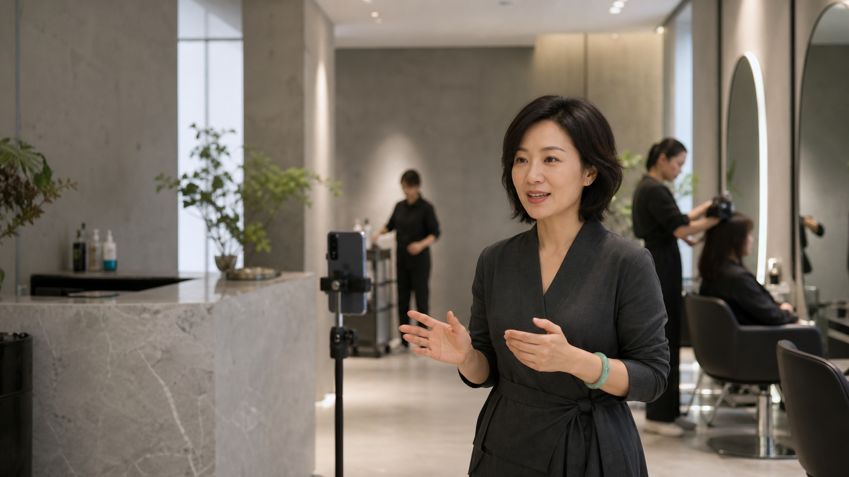 主理人在真实美容院拍摄短视频